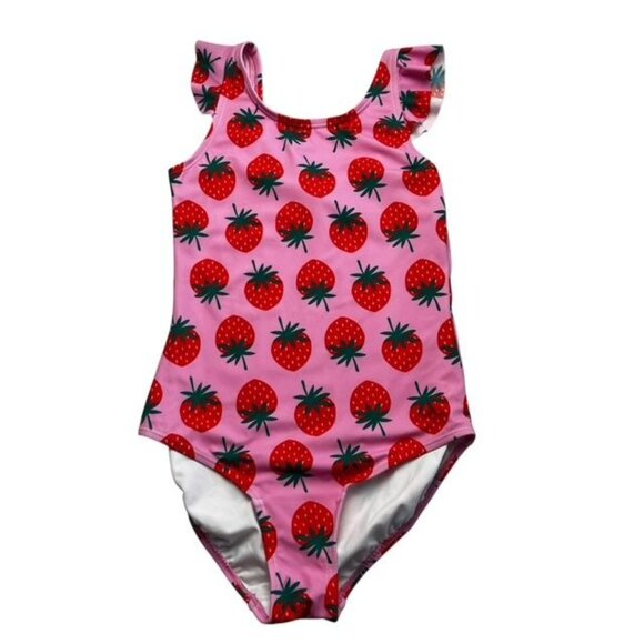 Hanna Andersson Girls Pink Strawberry Print One Piece Swimming Suit Size 12 - Picture 1 of 6